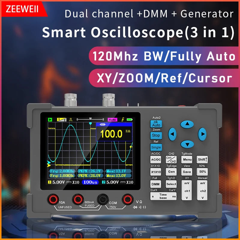 ZEEWEII Desktop Osciloscópio Digital, Dual Channel Multímetro e Gerador de Sinal, DSO3D12, 120m Bandwidth, 3 em 1, 3,2"